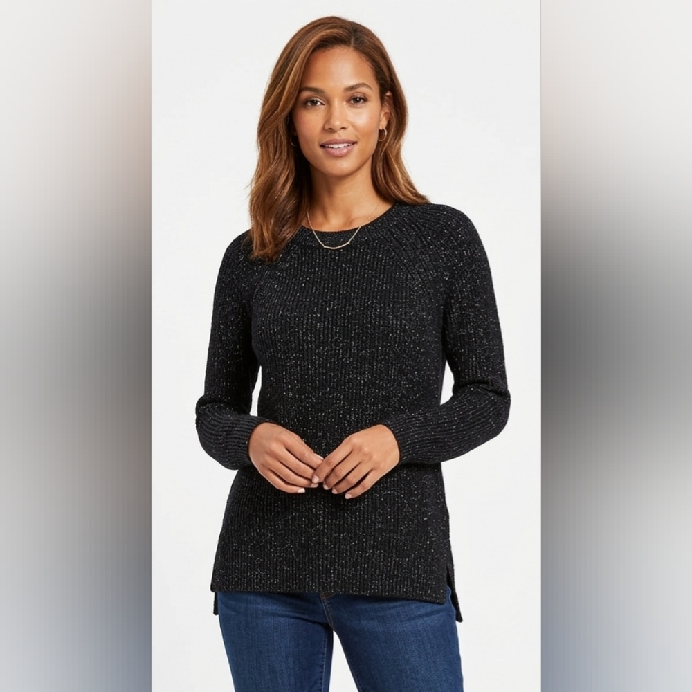 LOFT Black Metallic-Stitch Crewneck Sweater Size XS